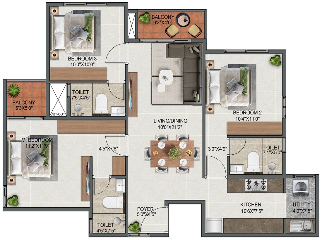 3 BHK Type 3 floor plan