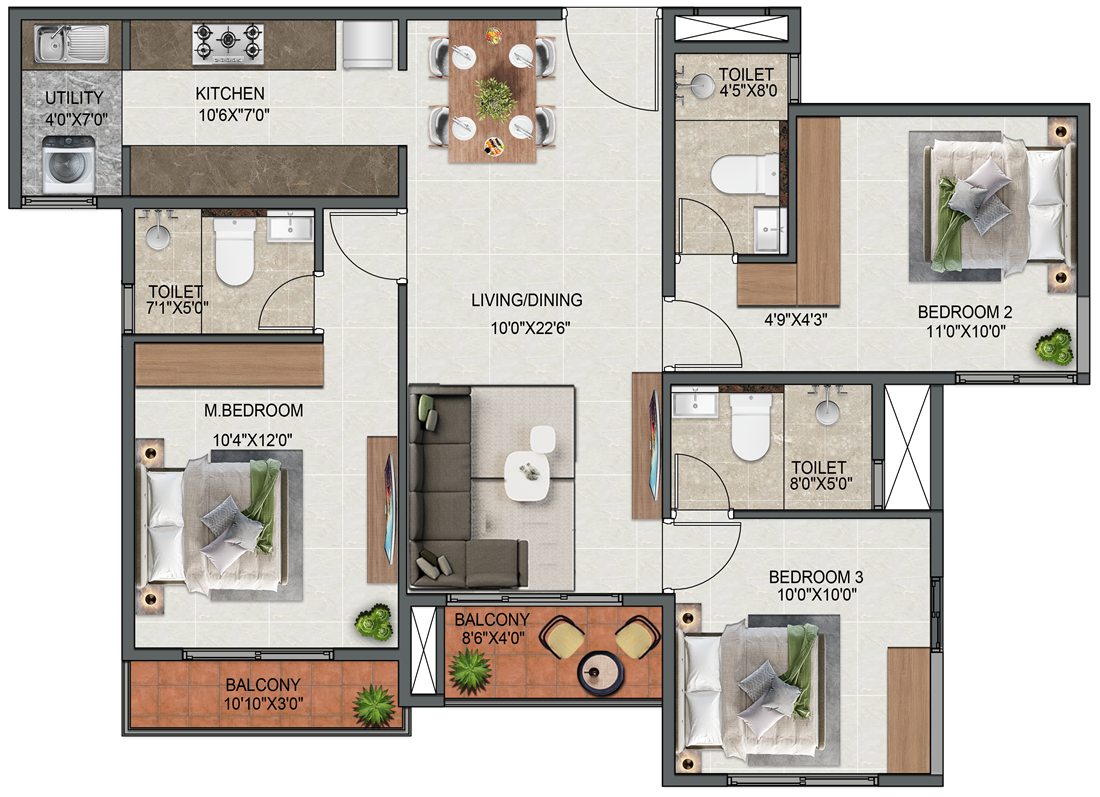 3 BHK Type 4 floor plan