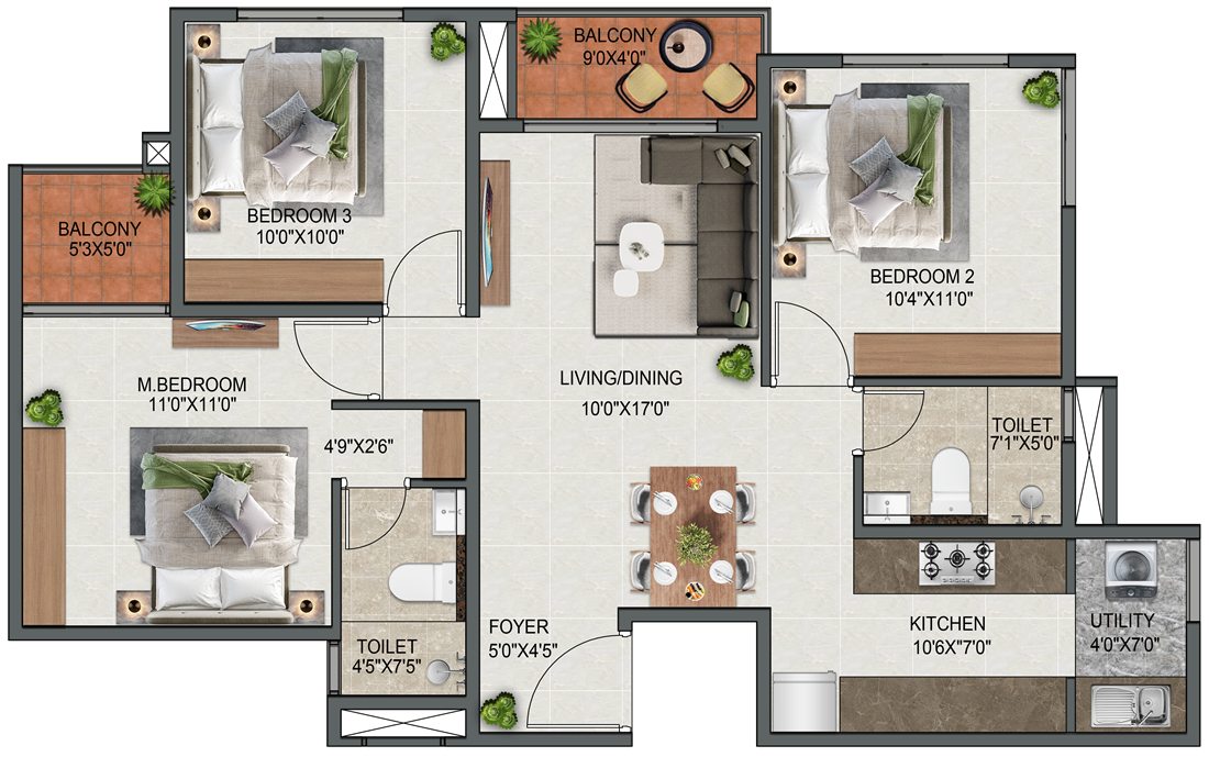 3 BHK Type 7 floor plan